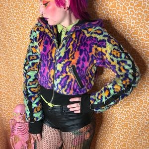 Faux Fur Rainbow Leopard Bondage Zip Up Crop Hoodie